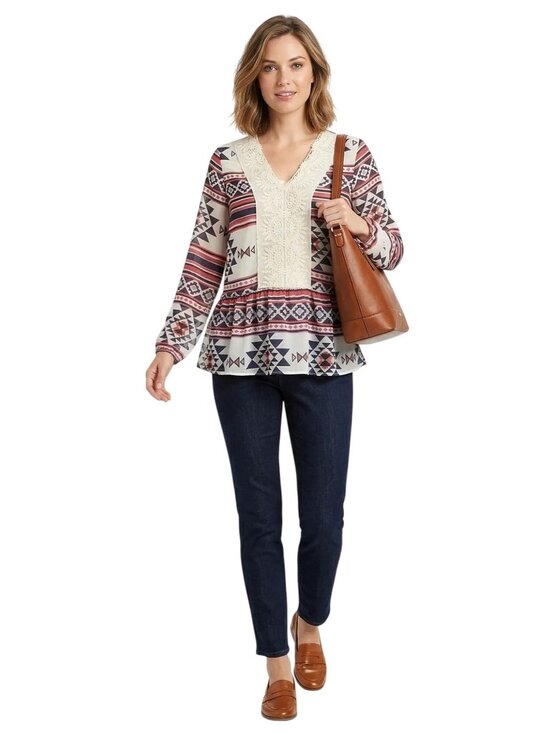 Signature Studio Tops - Signature‎ Studio Women's Aztec Print White Lace V-Neck Peplum Hem Blouse Medium